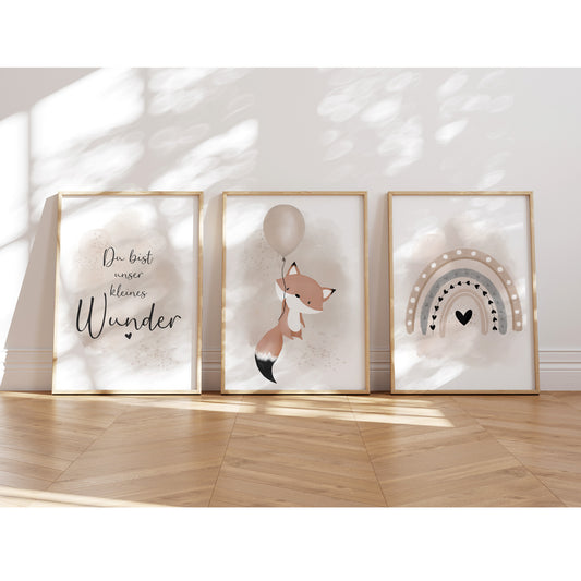 Kinderzimmer Poster | 3er Set A4 | Luftballon & Fuchs beige