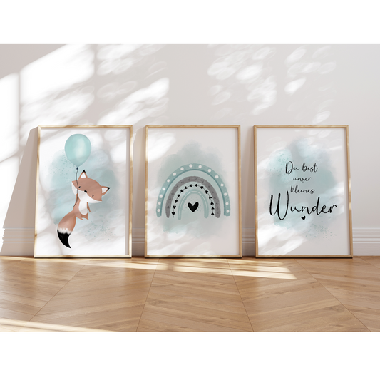 Kinderzimmer Poster | 3er Set A4 | Luftballon & Fuchs mint