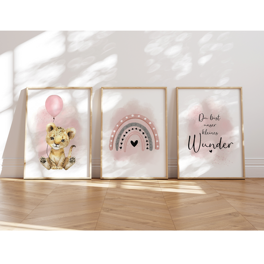 Kinderzimmer Poster | 3er Set A4 | Löwe & Luftballon rosa