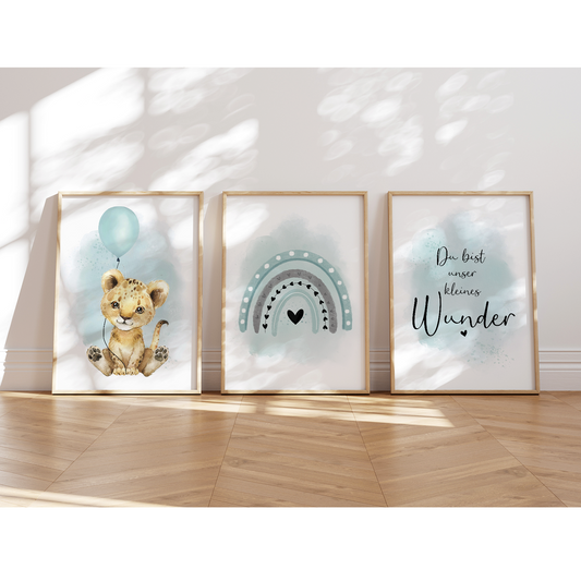 Kinderzimmer Poster | 3er Set A4 | Löwe & Luftballon mint