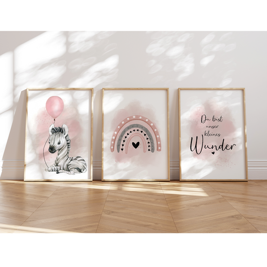 Kinderzimmer Poster | 3er Set A4 | Zebra & Luftballon rosa