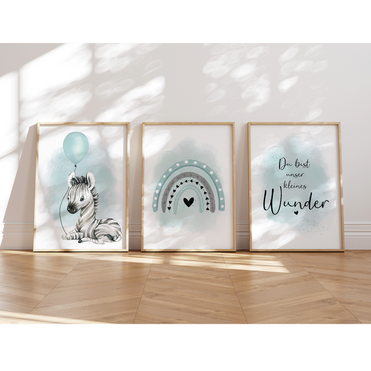 Kinderzimmer Poster | 3er Set A4 | Zebra & Luftballon mint