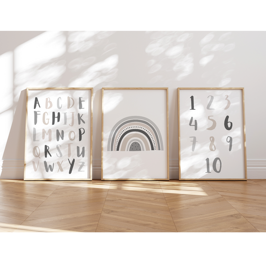 Lernposter | 3er Set A4 | Alphabet ABC Zahlen Regenbogen grau