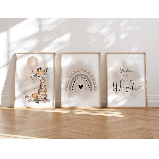 Kinderzimmer Poster | 3er Set A4 | Giraffe & Luftballon beige