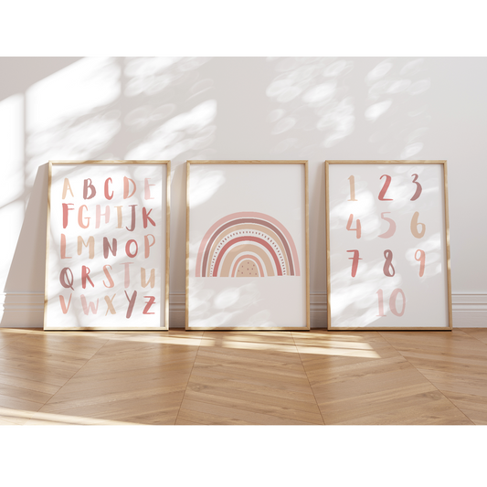 Lernposter | 3er Set A4 | Alphabet ABC Zahlen Regenbogen rosa