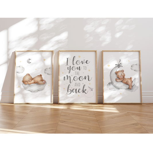 Kinderzimmer Poster | 3er Set A4 | Bär & Mond