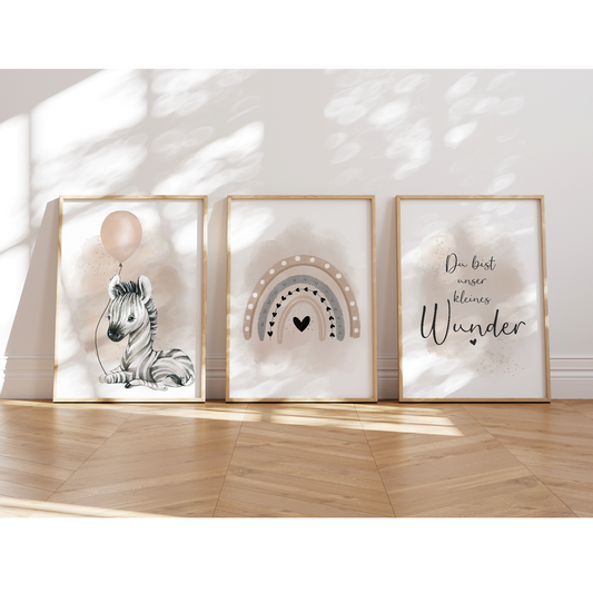Kinderzimmer Poster | 3er Set A4 | Zebra & Luftballon beige