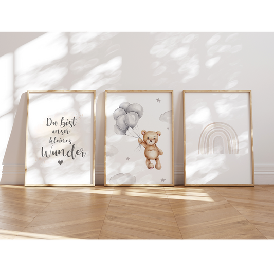 Kinderzimmer Poster | 3er Set A4 | Bär & Regenbogen