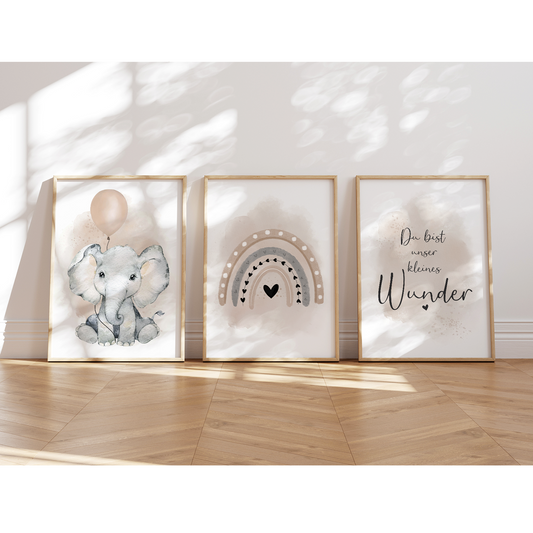 Kinderzimmer Poster | 3er Set A4 | Elefant & Luftballon beige