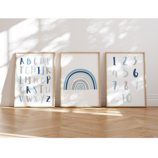 Lernposter | 3er Set A4 | Alphabet ABC Zahlen Regenbogen blau