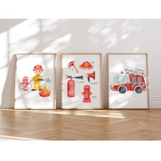 Kinderzimmerposter | 3er Set A4 | Feuerwehr
