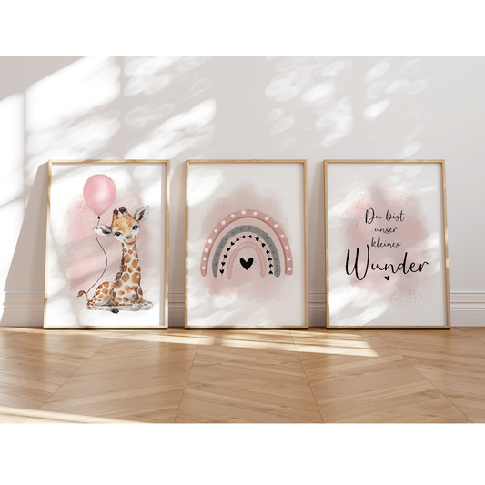 Kinderzimmer Poster | 3er Set A4 | Giraffe & Luftballon rosa