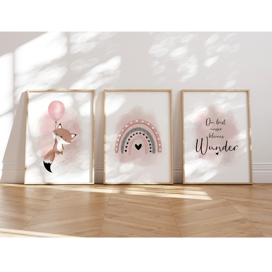 Kinderzimmer Poster | 3er Set A4 | Fuchs Luftballon rosa