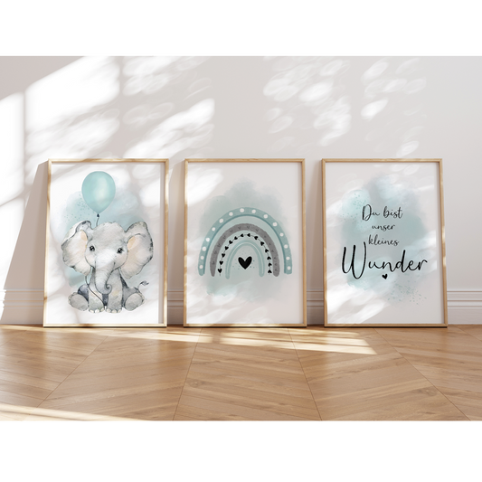 Kinderzimmer Poster | 3er Set A4 | Elefant & Luftballon mint