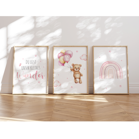 Kinderzimmer Poster | 3er Set A4 | Bär & Regenbogen rosa