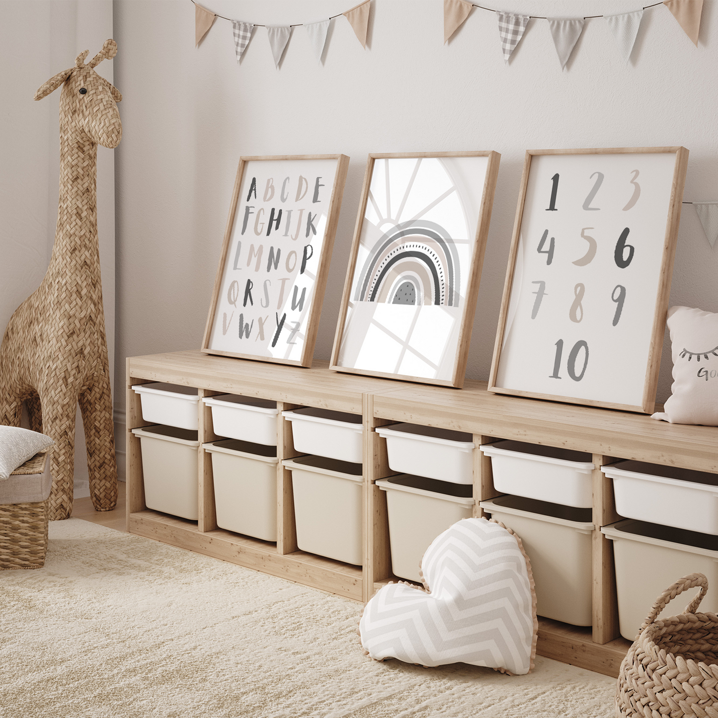 Lernposter | 3er Set A4 | Alphabet ABC Zahlen Regenbogen grau