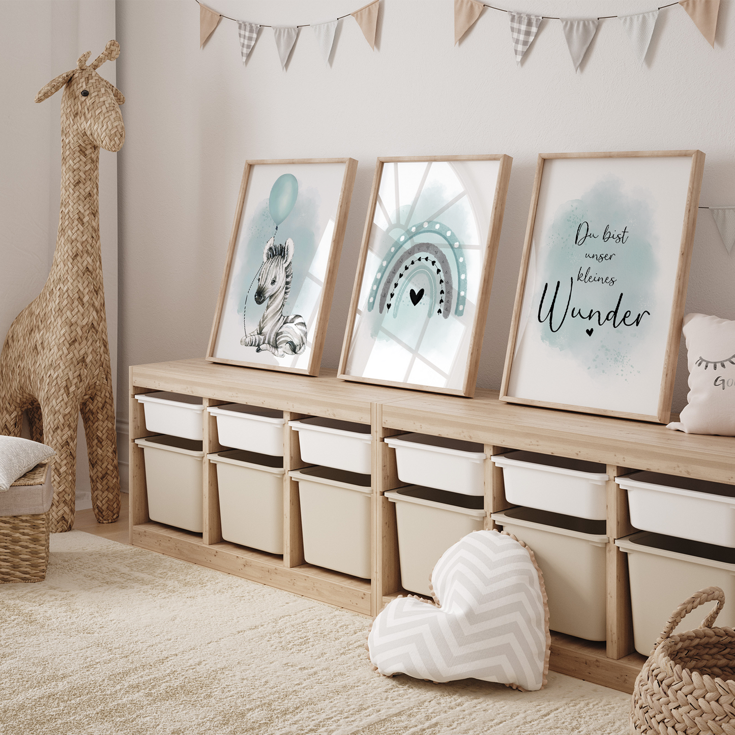 Kinderzimmer Poster | 3er Set A4 | Zebra & Luftballon mint