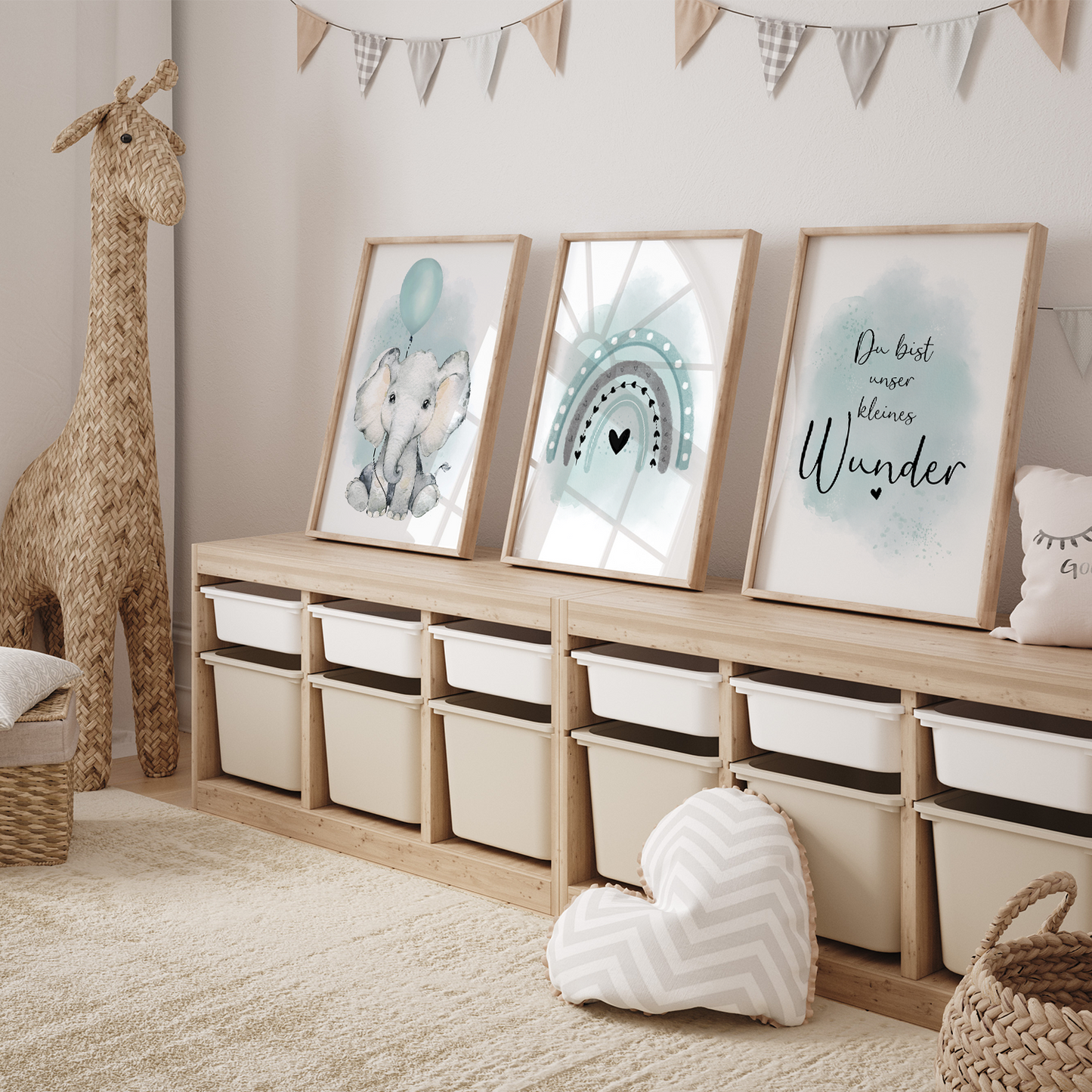 Kinderzimmer Poster | 3er Set A4 | Elefant & Luftballon mint
