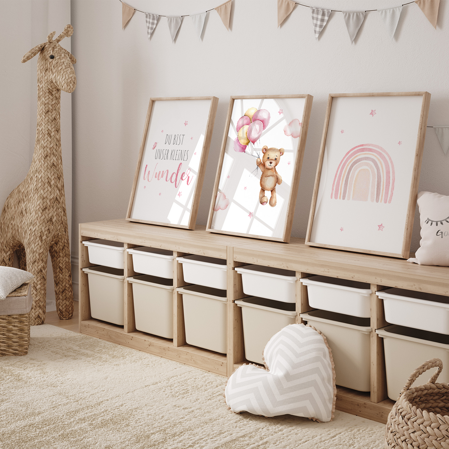 Kinderzimmer Poster | 3er Set A4 | Bär & Regenbogen rosa