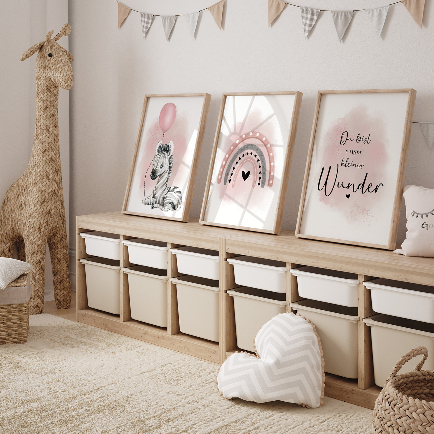 Kinderzimmer Poster | 3er Set A4 | Zebra & Luftballon rosa