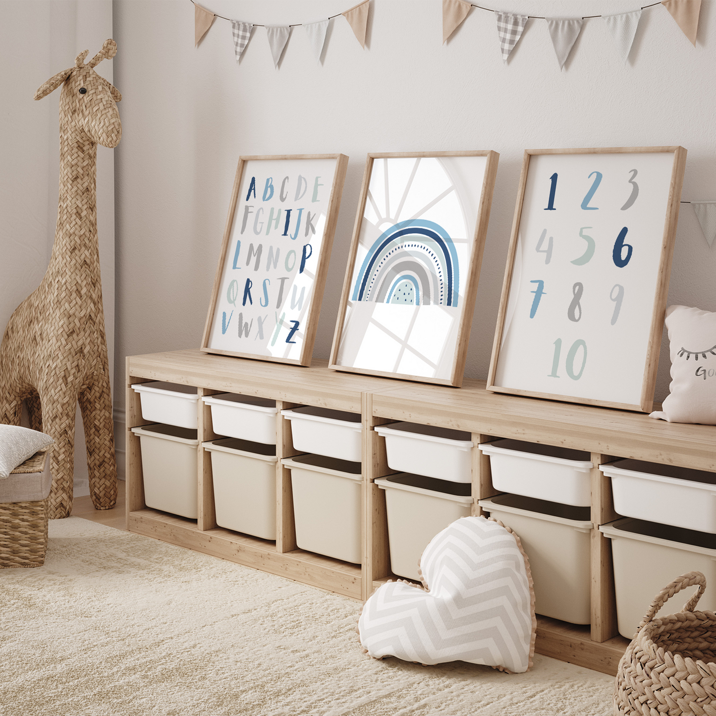 Lernposter | 3er Set A4 | Alphabet ABC Zahlen Regenbogen blau