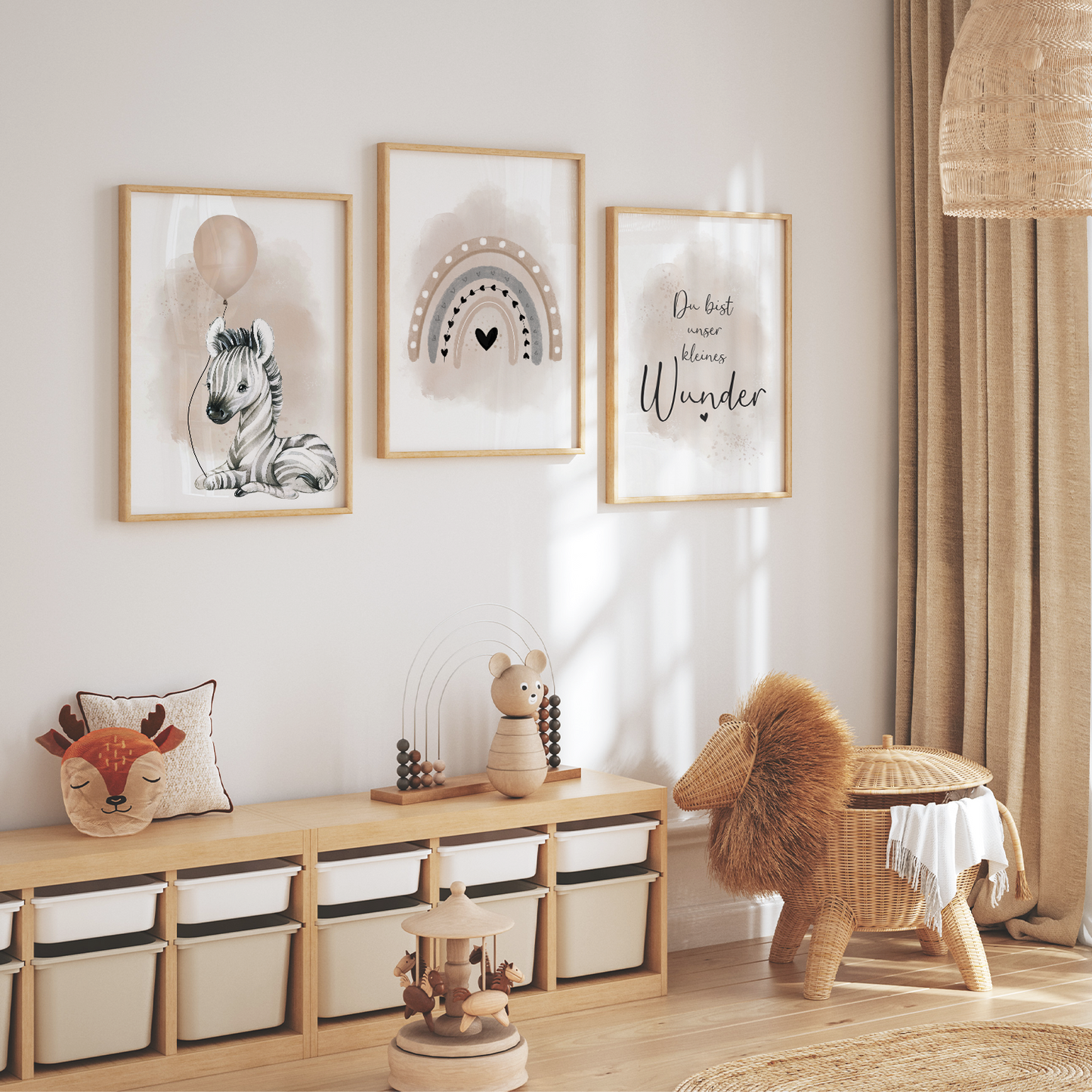 Kinderzimmer Poster | 3er Set A4 | Zebra & Luftballon beige