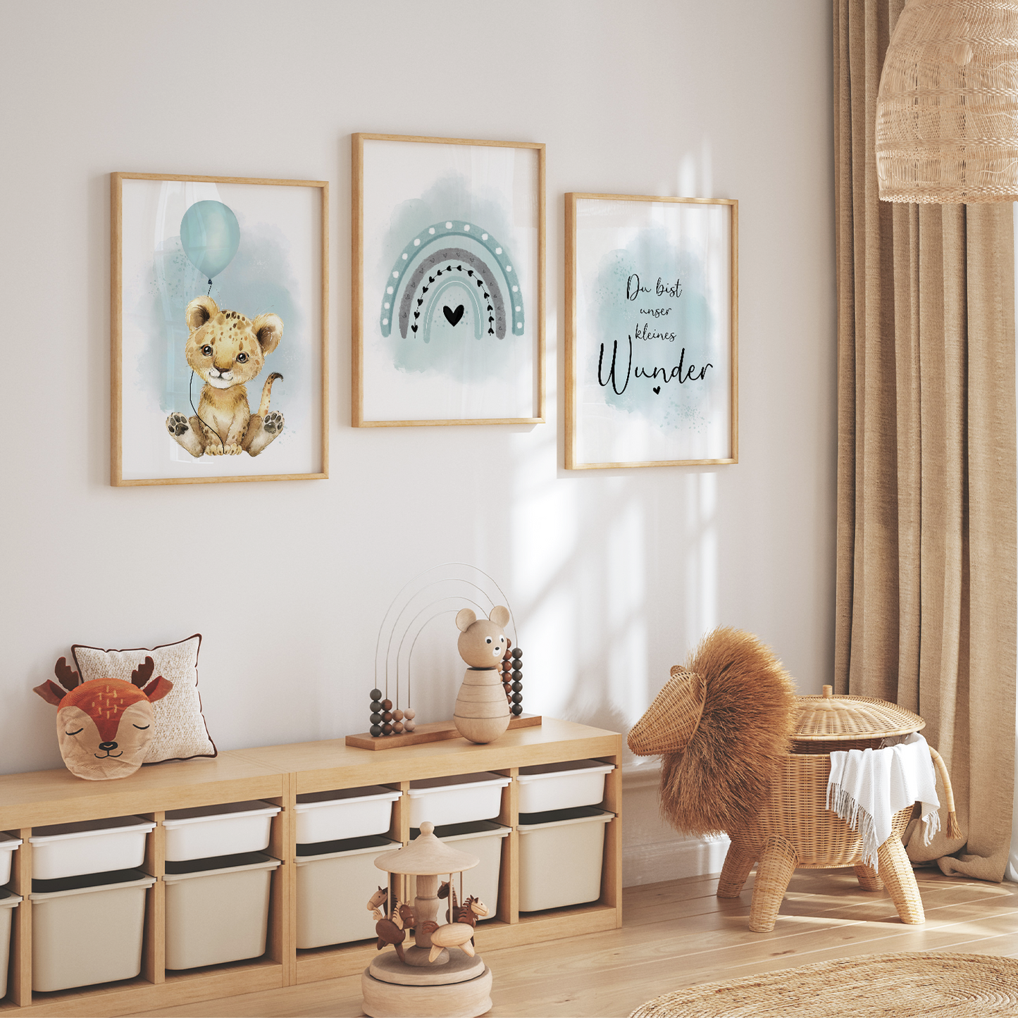 Kinderzimmer Poster | 3er Set A4 | Löwe & Luftballon mint