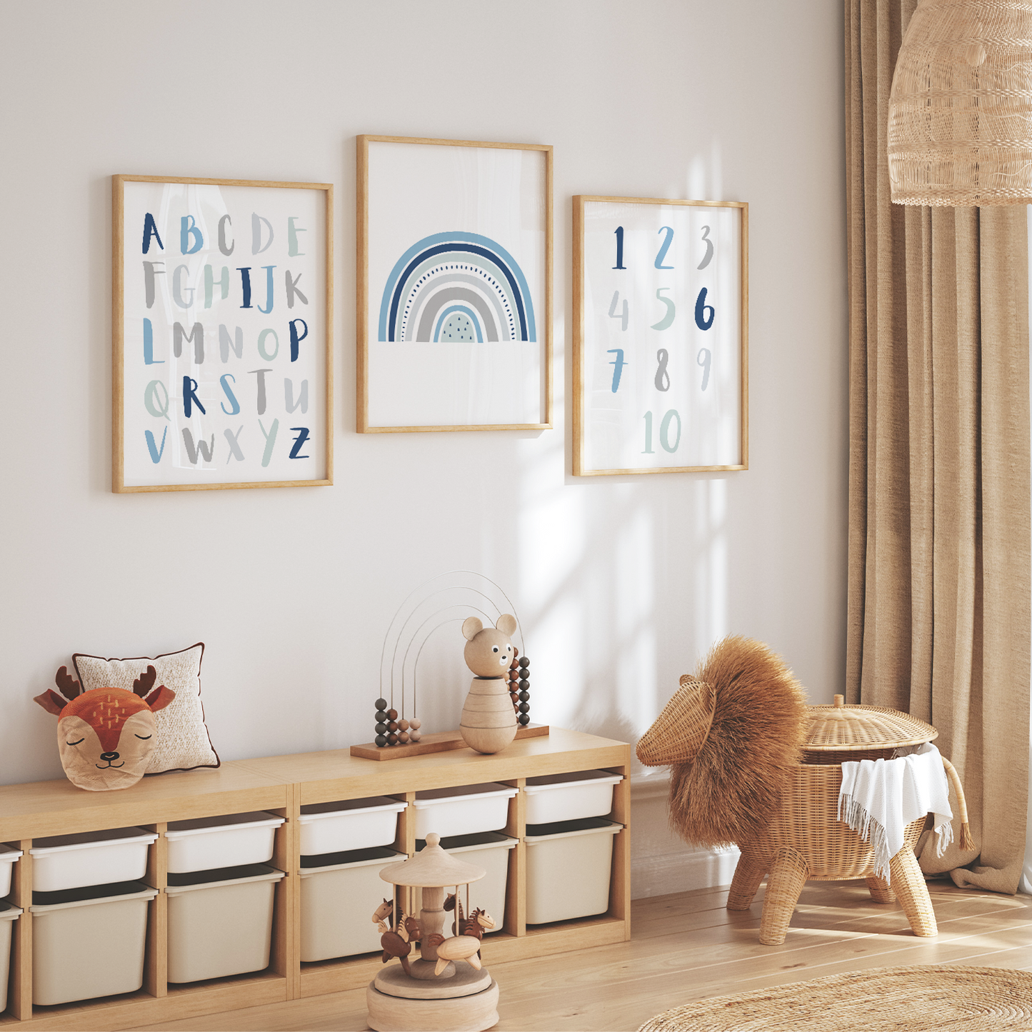 Lernposter | 3er Set A4 | Alphabet ABC Zahlen Regenbogen blau