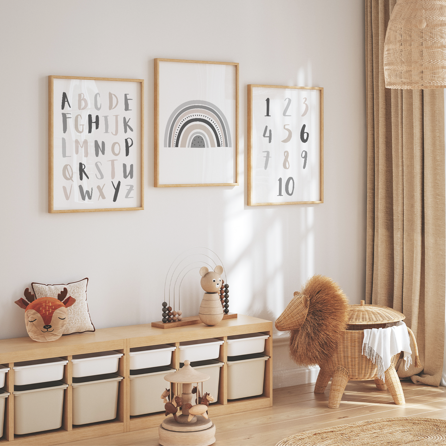 Lernposter | 3er Set A4 | Alphabet ABC Zahlen Regenbogen grau