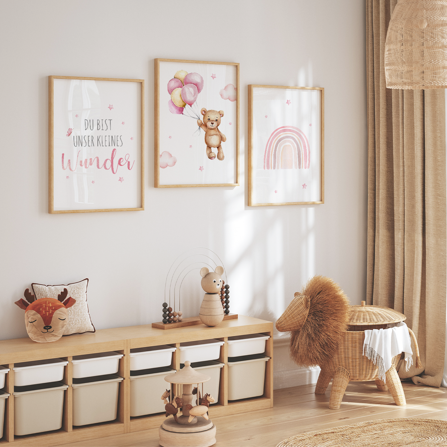 Kinderzimmer Poster | 3er Set A4 | Bär & Regenbogen rosa
