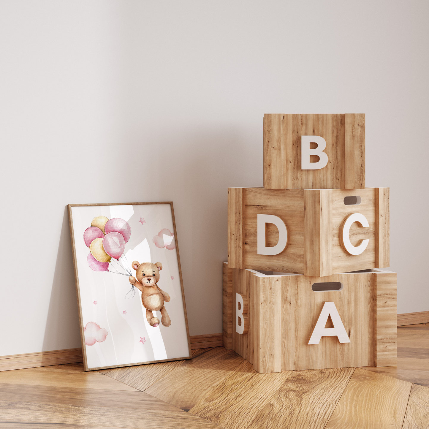 Kinderzimmer Poster | 3er Set A4 | Bär & Regenbogen rosa