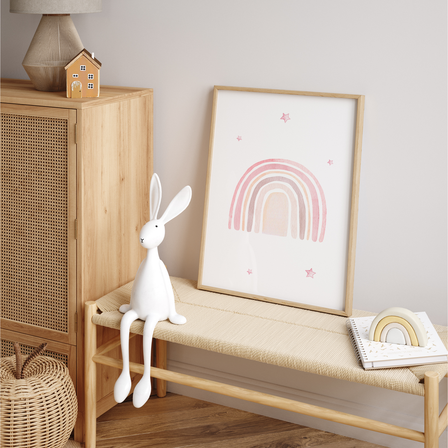 Kinderzimmer Poster | 3er Set A4 | Bär & Regenbogen rosa