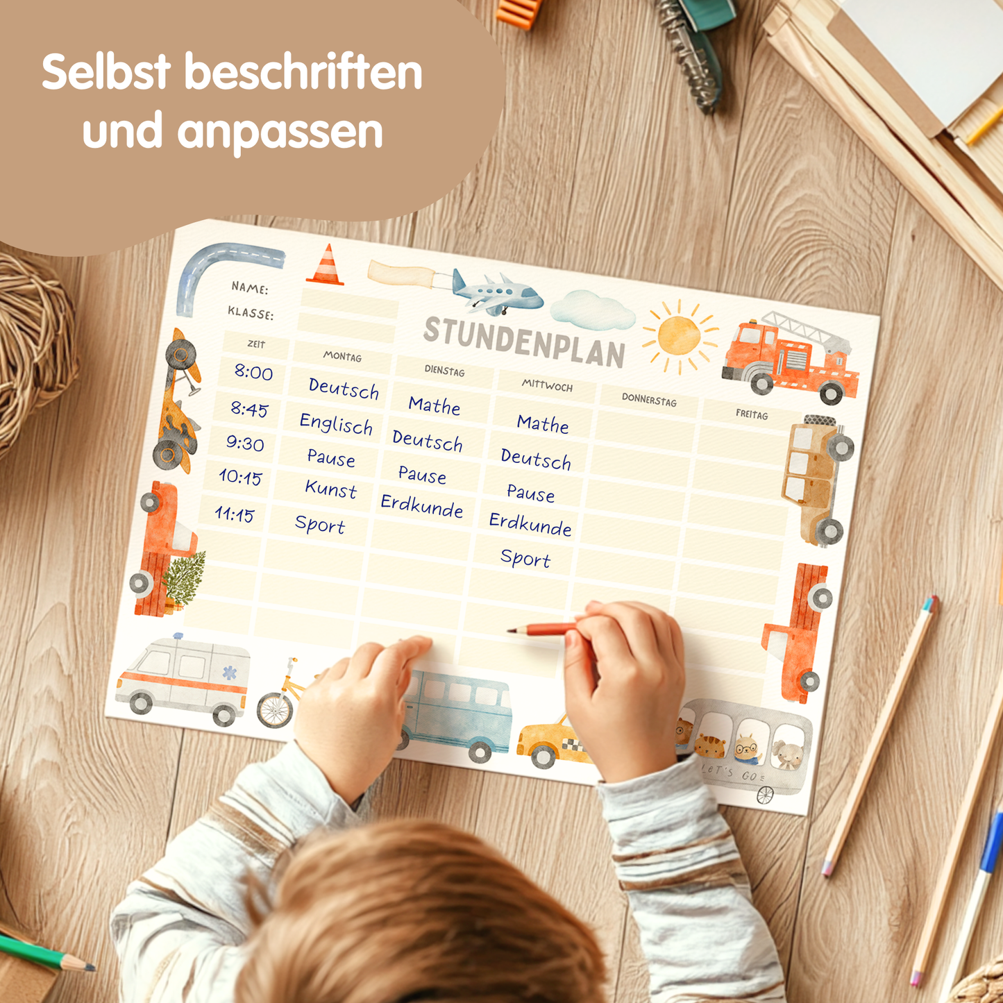 Stundenplan für Kinder | zum Ausdrucken | Autos