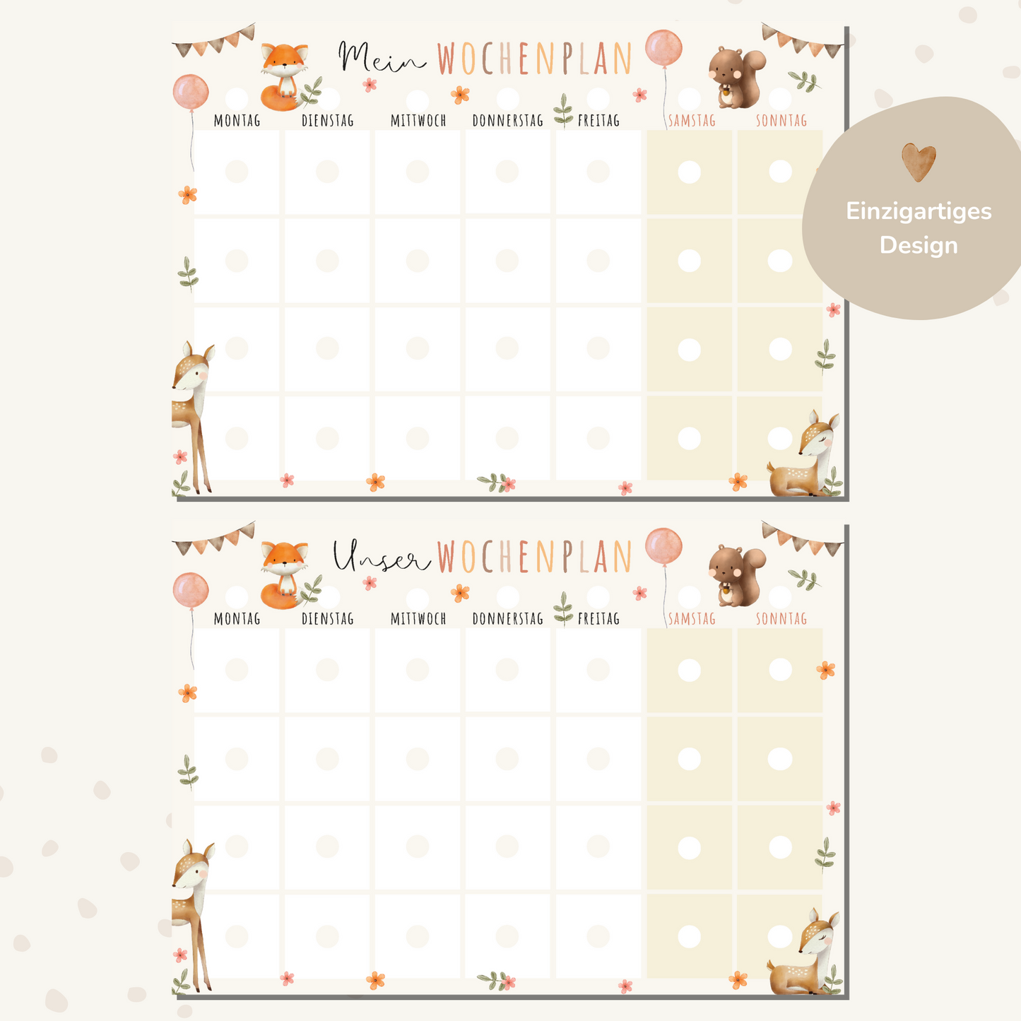 Wochenplan für Kinder | Montessori | zum Ausdrucken | Süße Tiere