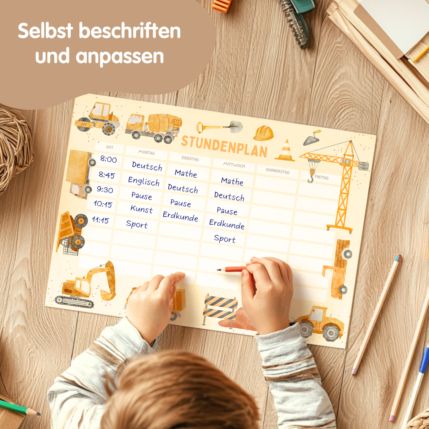 Stundenplan für Kinder | zum Ausdrucken | Bagger