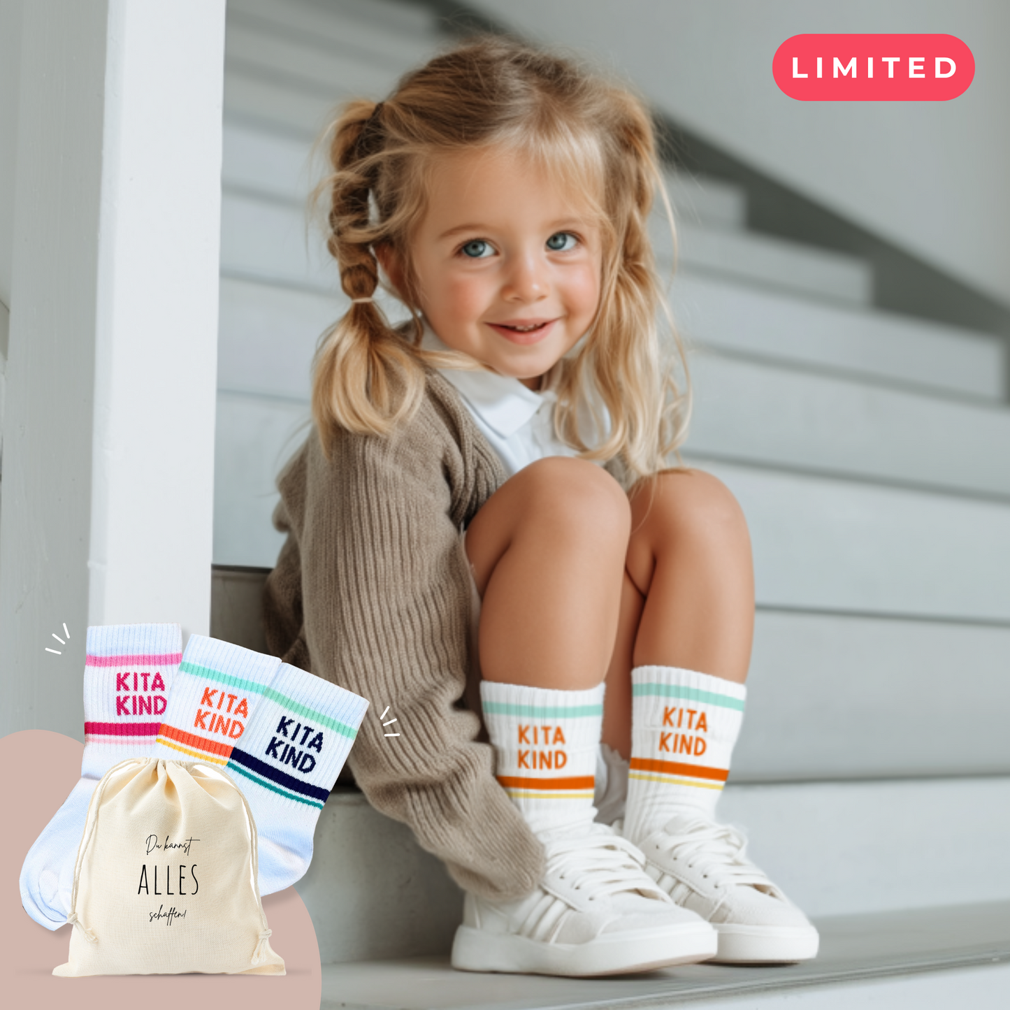 Süße Kitakind Socken | Inkl. Baumwollsäckchen & Mutmacher-Karte als Geschenkeset