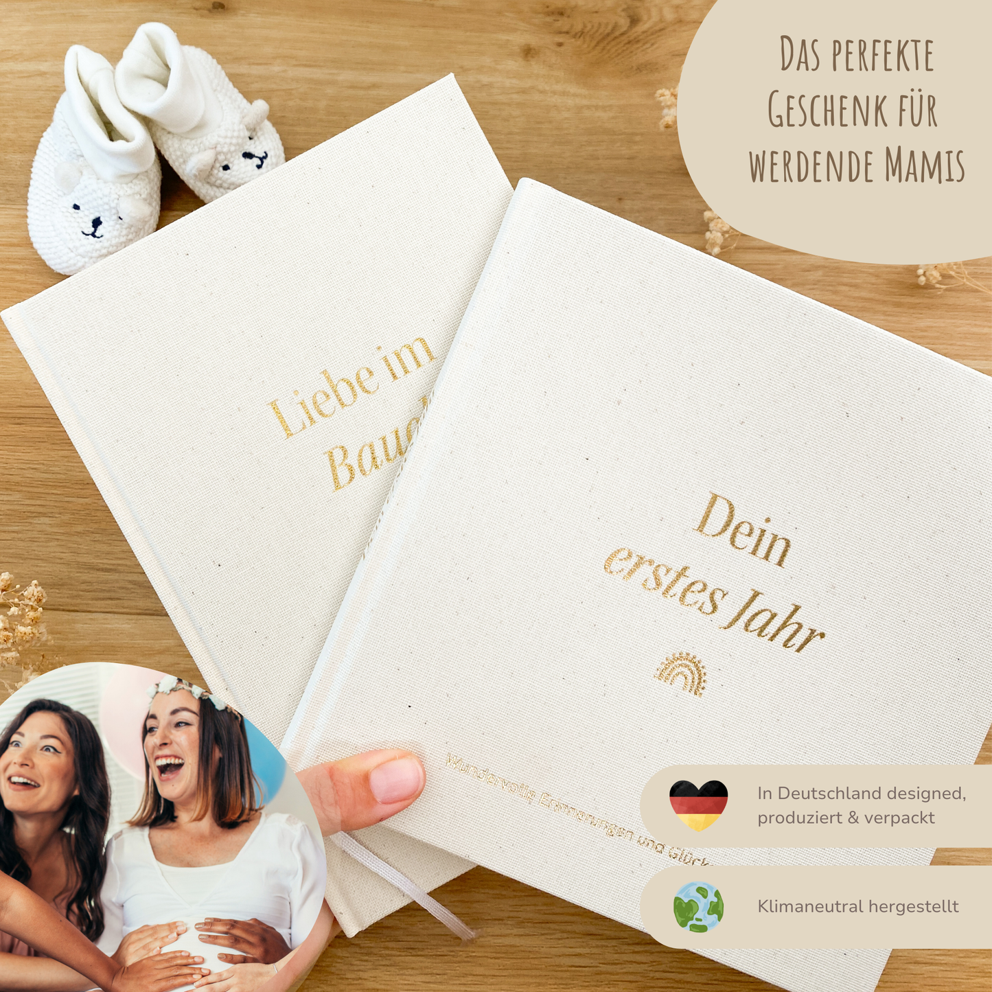 Geschenk Schwangerschaft & Geburt – Leinenbücher Set „Liebe im Bauch“ & „Mein erstes Jahr“