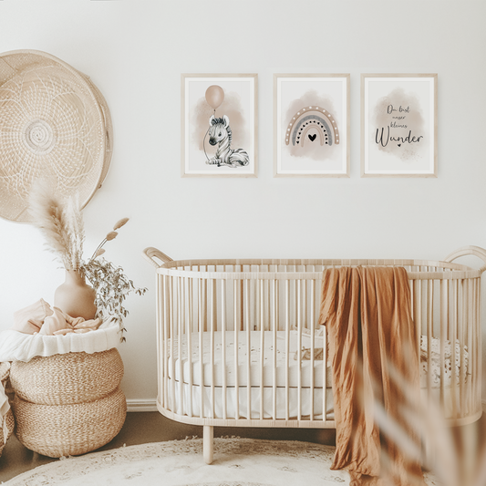 Kinderzimmer Poster | 3er Set A4 | Zebra & Luftballon beige