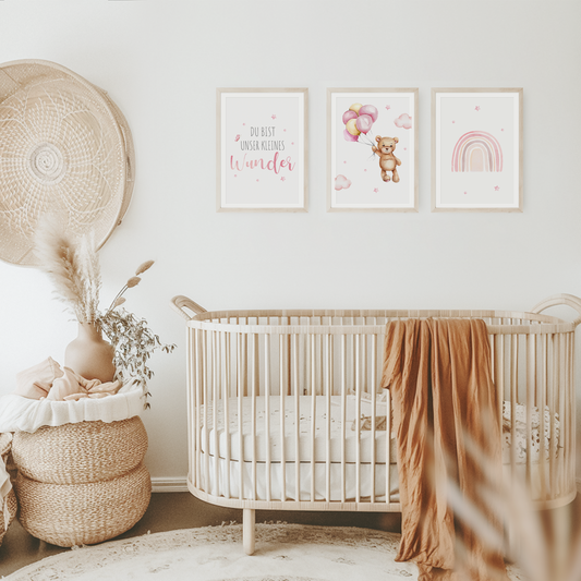 Kinderzimmer Poster | 3er Set A4 | Bär & Regenbogen rosa