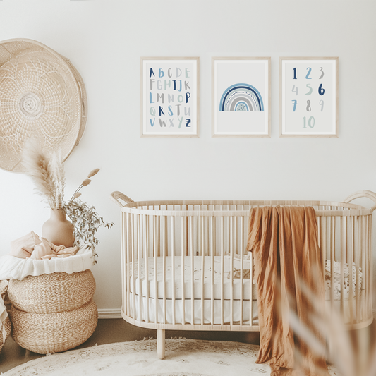 Lernposter | 3er Set A4 | Alphabet ABC Zahlen Regenbogen blau