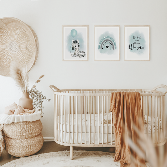 Kinderzimmer Poster | 3er Set A4 | Zebra & Luftballon mint