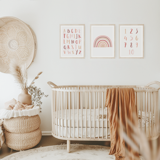 Lernposter | 3er Set A4 | Alphabet ABC Zahlen Regenbogen rosa