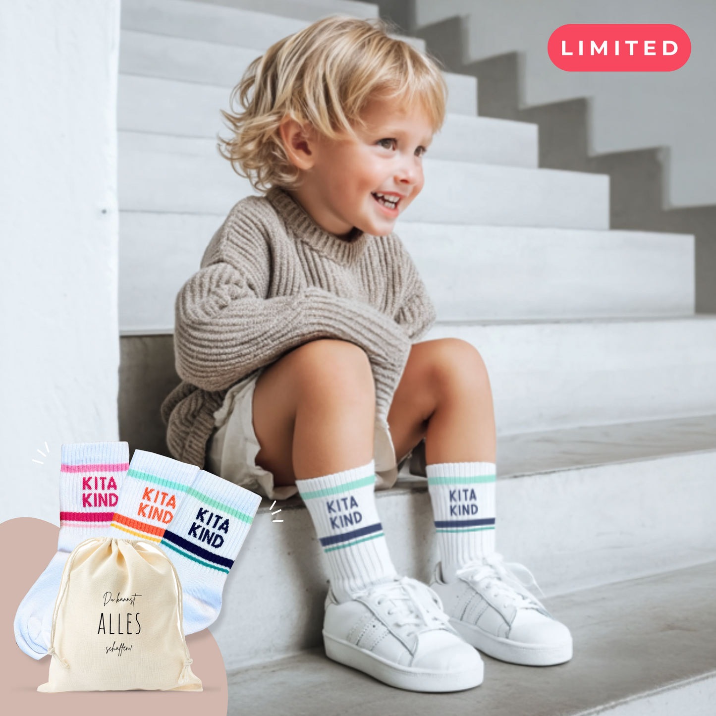 Süße Kitakind Socken | Inkl. Baumwollsäckchen & Mutmacher-Karte als Geschenkeset