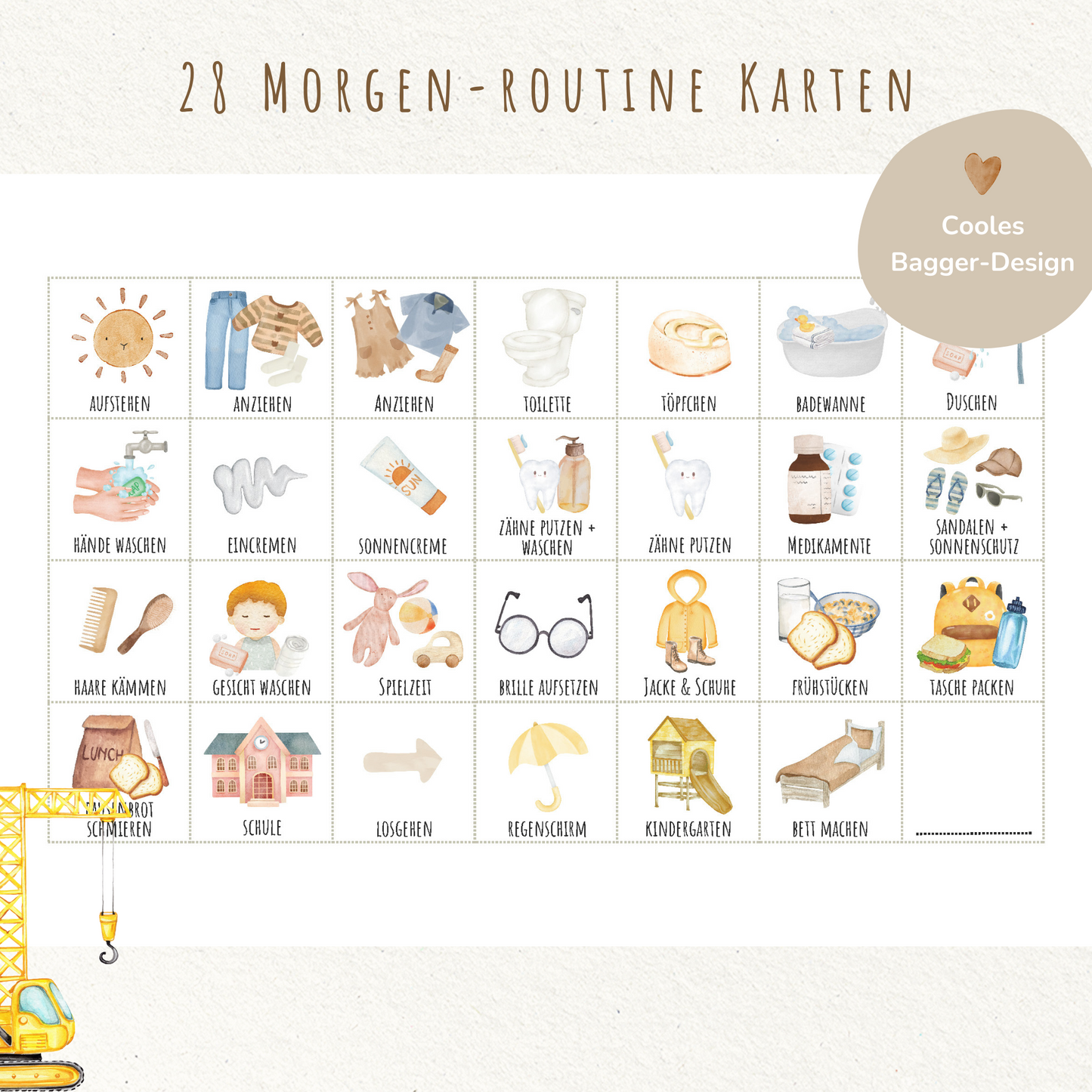 Morgen- & Abendroutine für Kinder | zum sofort Ausdrucken | Bagger