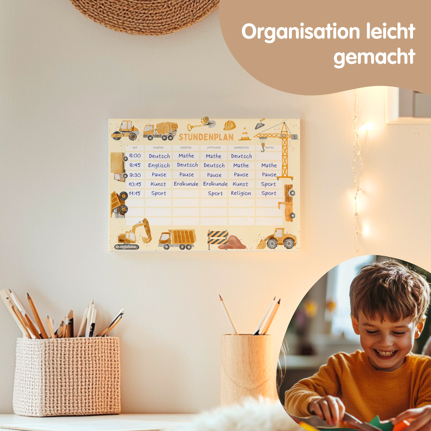 Stundenplan für Kinder | zum Ausdrucken | Bagger