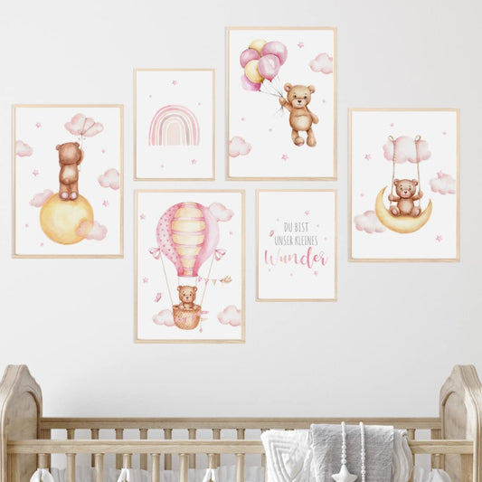 Kinderzimmerposter_Bär_Luftabllons_A4_A5_rosa