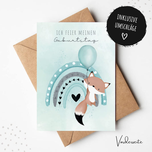 Einladungskarten_Kindergeburtstag_Fuchs_mit_Luftballon_türkis