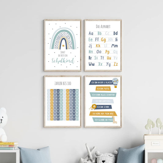 Kinderzimmerposter_Lernposter_Einschulung_A4_4er_Set_blau
