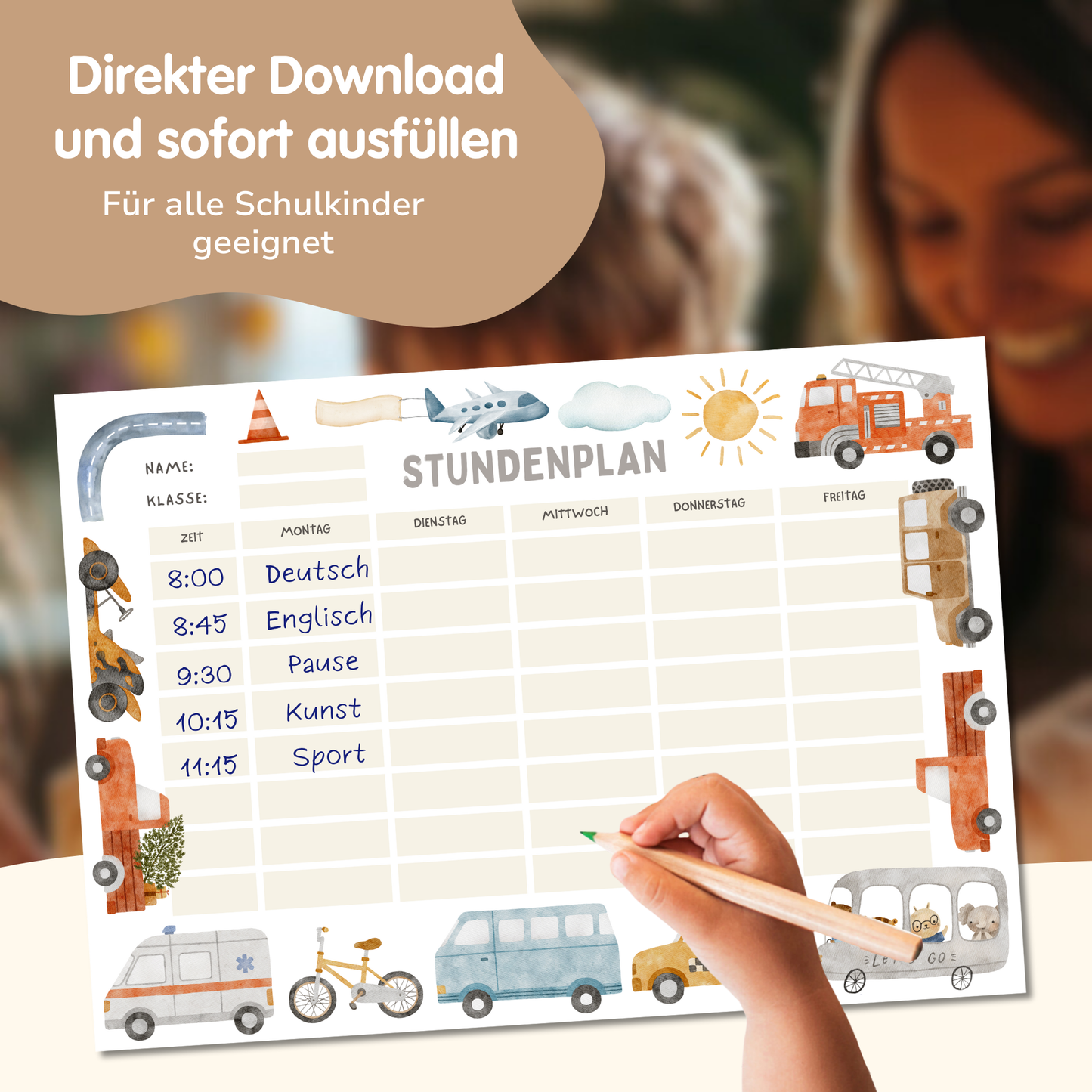 Stundenplan für Kinder | zum Ausdrucken | Autos