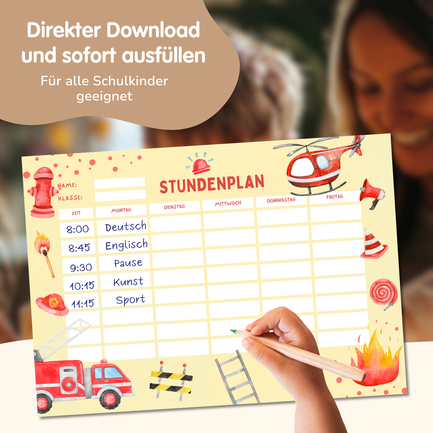 Stundenplan für Kinder | zum Ausdrucken | Feuerwehr